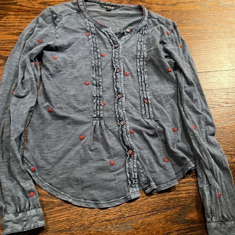 Lucky Brand Blouse Womens S Blue Red Embroidered Flowers Button Up Bohemian